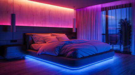 Modern bedroom interior with neon lights glowing ambient in the evening. Luxurious stylish apartment interior