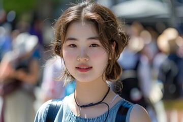 Attractive korean girl stylish look outdoors modern urban area. Modern and trendy korean model expressing confident beauty city. Image symbolizes integration of traditional elegance urban modernity.