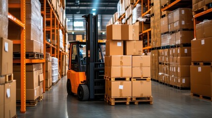 A forklift maneuvering through a warehouse filled with stacked cardboard boxes, depicting efficient storage and transportation.