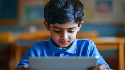 Indian Boy solving math problems on a tablet