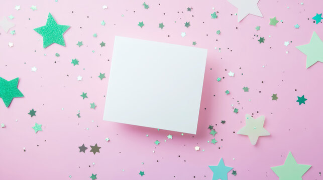 White card mockup invitation on pastel pink background with glowing stars. Party time. Generative AI