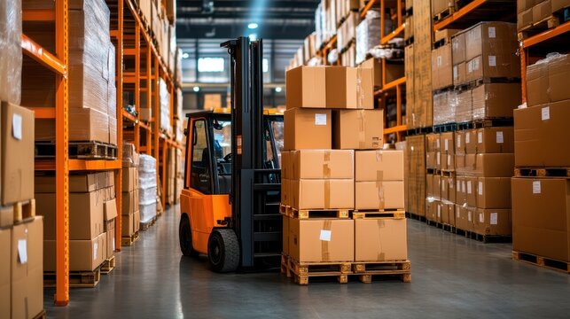 A forklift maneuvering through a warehouse filled with stacked cardboard boxes, depicting efficient storage and transportation.