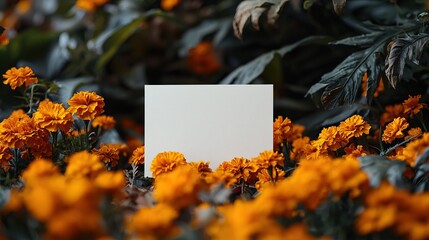 Blank card displayed among vibrant orange marigold flowers, perfect for floral invitations or personal messages.