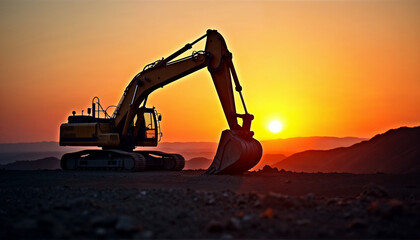 Industrial excavator in foreground, raised arm silhouetted against a vibrant sunset