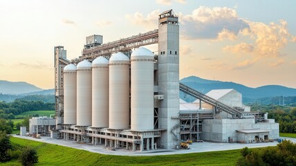 Large cement silo at a modern factory, surrounded by green space, Sustainable cement industry, eco-friendly production