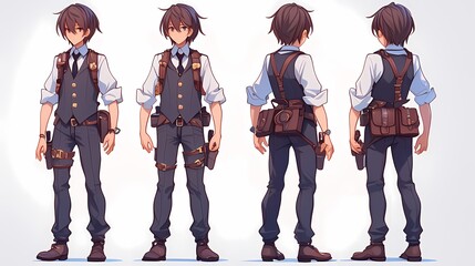 Fototapeta premium A character design sheet of an anime male detective. The full-body shot is shown from multiple angles.