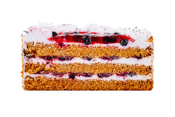Delicious cake with berry filling and poppy seed topping isolated on white background