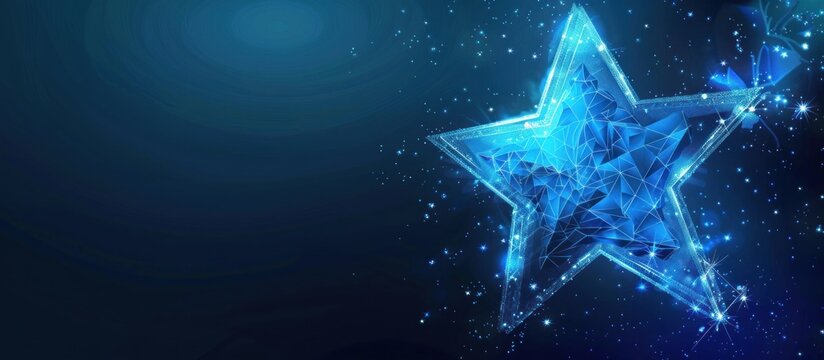 Abstract low poly blue star, wireframe technology design on dark background