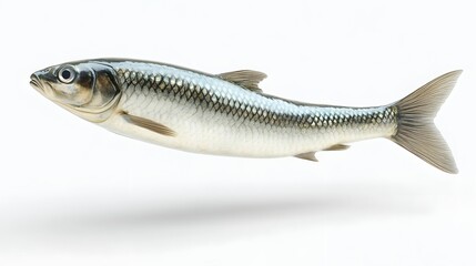 25. **A 3D render of a fresh herring falling, its shiny scales and streamlined body visible against a pristine white background