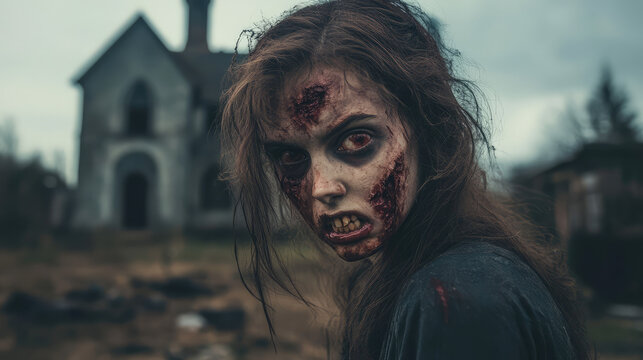 Female zombie face with rotting flesh and blood-soaked teeth, one eye gouged out. Hair tangled and dirty, standing in front of an abandoned church.