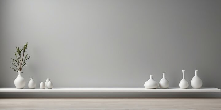 universanl minimanlistic banckground for product presentantion white empty shelf on an light grany wanll.