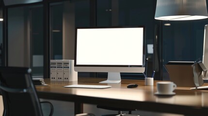 Modern office white computer mockup blank white screen, working desk set up office