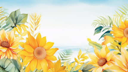 Fototapeta na wymiar Vibrant Sunflower and Foliage Watercolor Illustration. Floral Background with Yellow Flowers. Blank, Empty Space