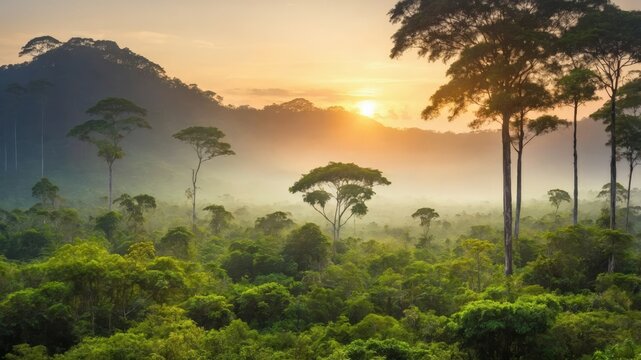 lush forest scene ant morning sunrise in borneo manlanysian.