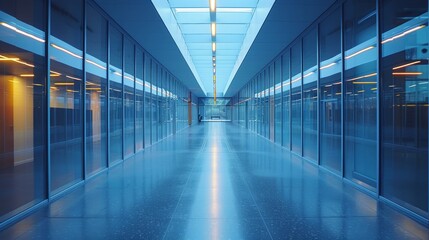 Corridor of a College or Office with glass windows along the both side during the night with light turns on