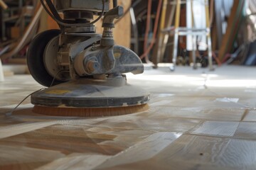 A close-up of a floor polisher in action, buffing a wooden floor with precision, amidst a well-equipped workshop.