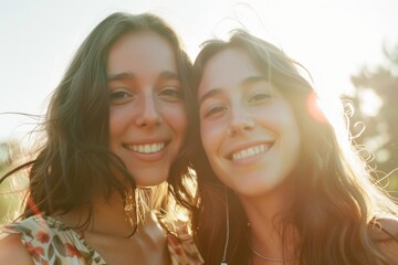 Obraz premium Two young women with radiant smiles, illuminated by the golden hour sunlight, celebrating a joyful outdoor moment.