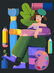 A female artist sitting in her workshop among her artistic tools. Brushes, pencils and eraser are around. Vector character design. Lifestyle and education scene.
