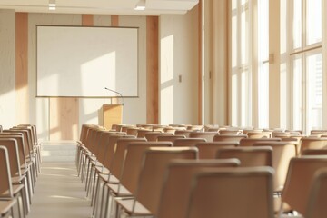 Sunlit conference room with lined-up chairs facing a stage with a microphone stand and a large projection screen.