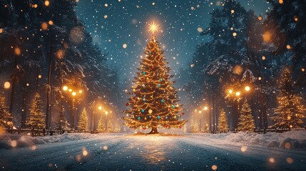 Beautiful Christmas tree in snowy forest with lights

