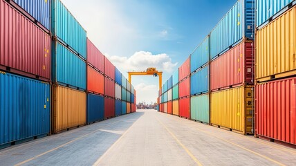 Fototapeta premium Rows of colorful shipping containers stacked at a port, Container shipping, logistics, global trade
