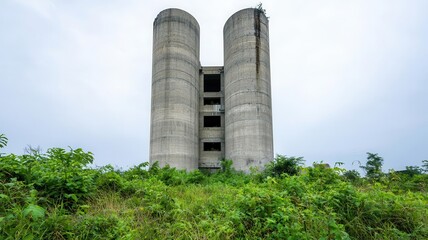 Rusted, abandoned cement silo surrounded by overgrown plants, Forgotten cement industry, urban decay