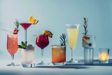 A sophisticated lineup of cocktails artistically presented with garnishes, set against a cool blue gradient background.
