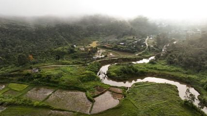 Aerial view of Andasibe landscape showcasing lush greenery, winding river, and rice paddies in Madagascar at dawn