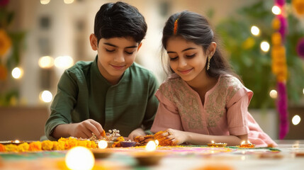indian brother and sister making Rangoli at home