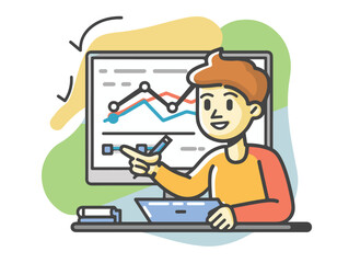 A vectorial icon representing a young teacher giving a course about statistics and creating charts in the R-programming language. Simple hand-drawn. Less details. Kawai flat style.
