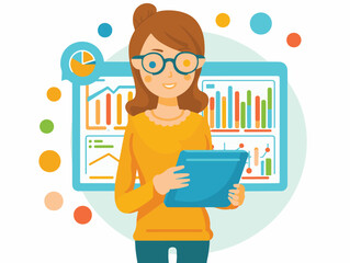 A vectorial icon representing a young teacher giving a course about statistics and creating charts in the R-programming language. Simple hand-drawn. Less details. Kawai flat style.
