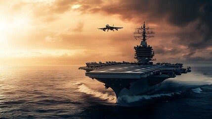 panoramic view of a generic military aircraft carrier ship with fighter jets take off during a special operation at a warzone, wide poster design with copy space area