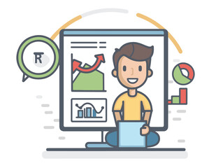 A vectorial icon representing a young teacher giving a course about statistics and creating charts in the R-programming language. Simple hand-drawn. Less details. Kawai flat style.
