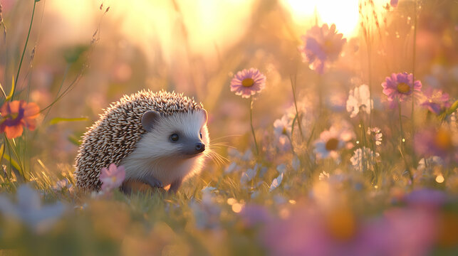 Hedgehog exploring a flower-filled meadow at dawn, with mist rising from the ground and soft light illuminating its path