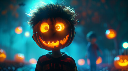 Halloween night. Happy kid wearing a smiling pumpkin on his head during halloween party at night. 3D render
