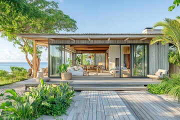 Fototapeta premium Modern beach house with open design and scenic views.