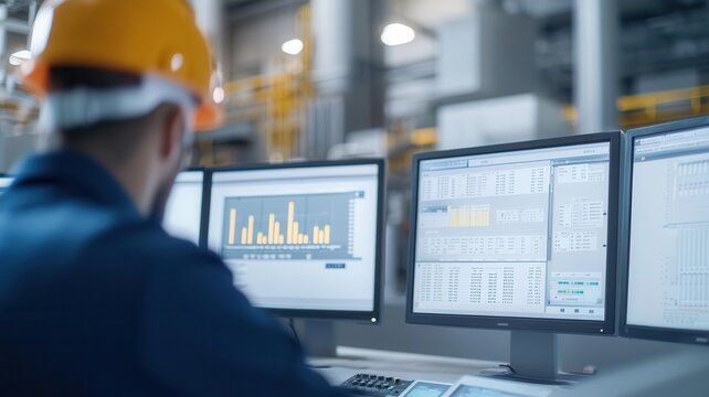 Technicians monitoring data screens in a control room of a cement factory, Cement process control, advanced monitoring