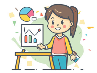 A vectorial icon representing a young teacher giving a course about statistics and creating charts in the R-programming language. Simple hand-drawn. Less details. Kawai flat style.
