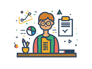 A vectorial icon representing a young teacher giving a course about statistics and creating charts in the R-programming language. Simple hand-drawn. Less details. Kawai flat style.
