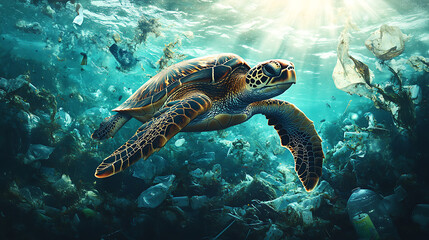 Fototapeta premium Plastic Ocean: Sea Turtle Entangled in a Web of Plastic Waste