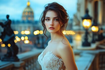 Naklejka premium Paris bridal fashion shoot: A woman in a white bridal gown, posing elegantly with the Palais Garnier Opera House in the background, evening photo. Elegant. French. Fashion. 