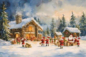 Cozy Christmas Workshop with Elves Preparing Gifts in Snowy Woodland