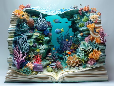 A 3D underwater adventure book, with sea creatures and coral reefs appearing as the book opens