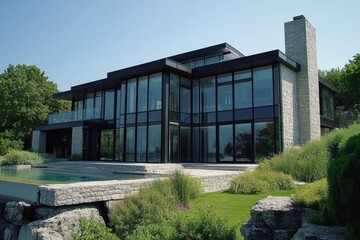 Fototapeta premium Modern glass and stone house with a pool and landscaped garden.