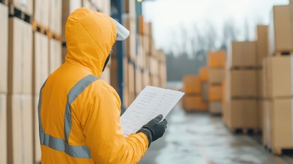 Worker in high-visibility gear inspecting shipping manifests at a dock, Shipping logistics, port management