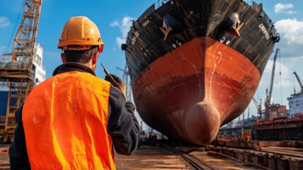 Worker inspecting the underbelly of a large cargo ship in dry dock, Ship maintenance, industrial repair