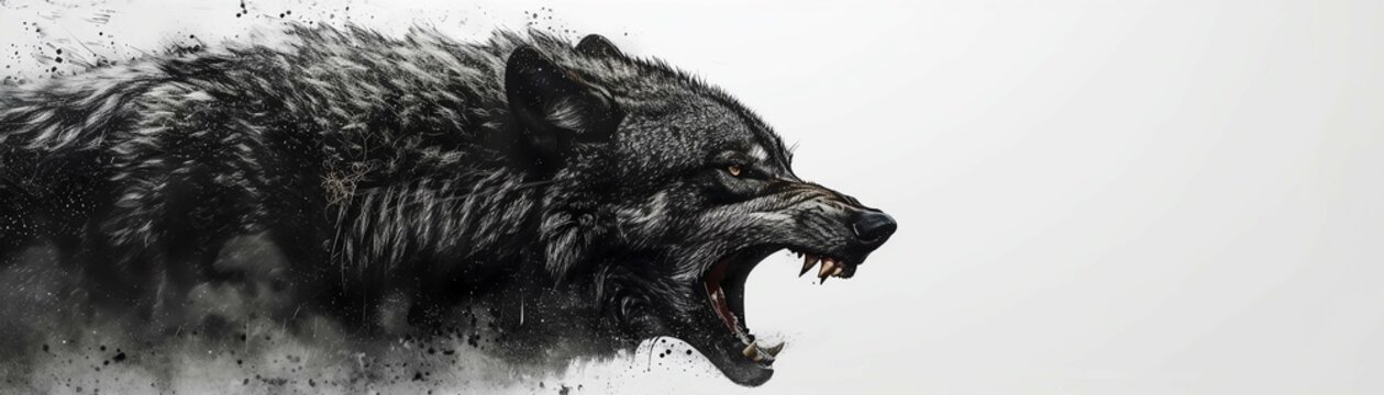Black wolf, roaring, white background, fierce and detailed, high resolution