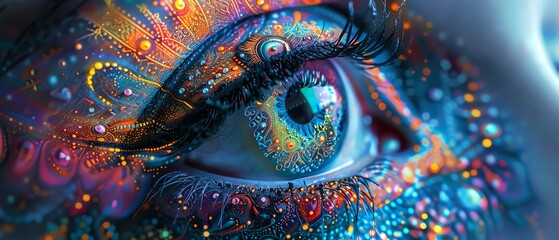 Closeup of a colorful eye with intricate neon patterns, surreal