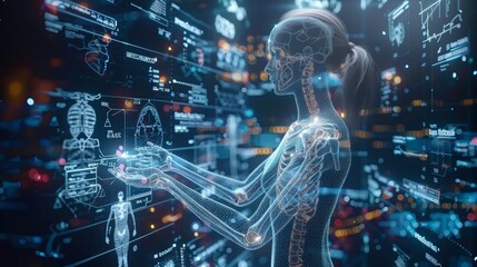 Digital health care innovative virtual science and medicine technology concept, Doctor working with human anatomy virtual interface icons.
