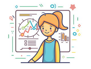 A vectorial icon representing a young teacher giving a course about statistics and creating charts in the R-programming language. Simple hand-drawn. Less details. Kawai flat style.

